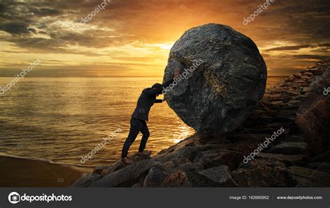 Business Man Pushing Large Stone Up To Hill Business Heavy Tas Stock