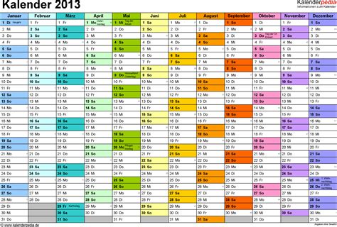 Kalender 2013 Mit Excelpdfword Vorlagen Feiertagen Ferien Kw