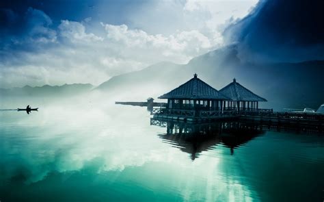 Nature Landscape Sunrise Lake Dock Boat Mountain Mist Clouds