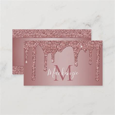 Elegant Rose Gold Dripping Glitter Monogram Business Card Zazzle