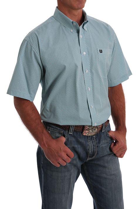 Cinch Jeans Mens Short Sleeve Turquoise And White Basket Weave Print Button Down Western Shirt