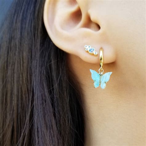 Butterfly Dangle Earrings Gold Drop Hoop Earrings Dainty Etsy