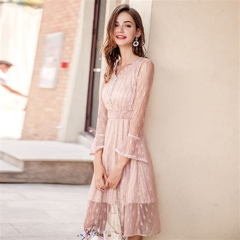 2018 Autumn Country Dresses Sweet Girls Hollow Out Lace Midi Dress