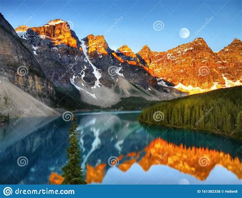 Canadian Scenic Mountain Landscape Moraine Lake Sunrise Stock Photo