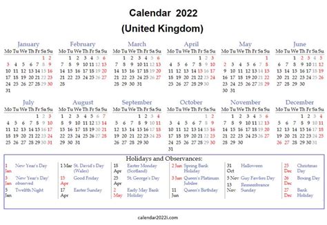 2022 Uk Calendar With Holidays Festivals Observances England
