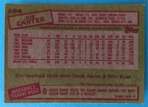 Joe Carter Rookie 1985 Topps Baseball Card 694 Cleveland Indians Mlb Ebay