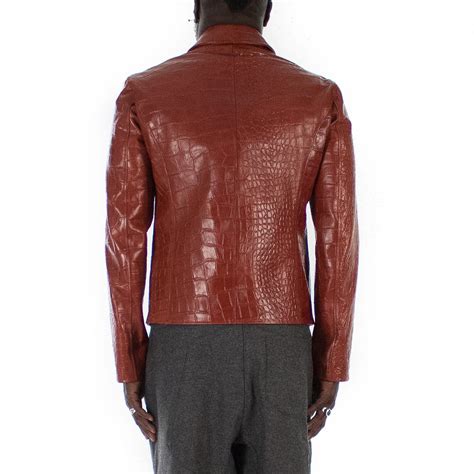 italian handmade slim fit men genuine goat leather jacket crocodile texture cognac brown xs to 2xl