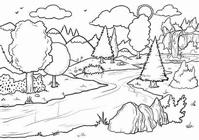 Coloring Pages Waterfall Forest Scene Printable River