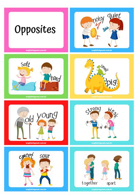 Opposites - Flashcards - English4Good Vocabulary Practice | English games for kids, Opposites ...