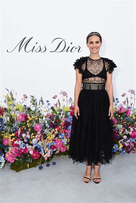 natalie portman goes sleek in a black lace dress for miss dior in la footwear news