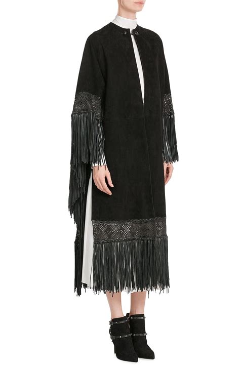 Suede Cape With Leather Fringe Look Detail Fringe Cape Black Cape