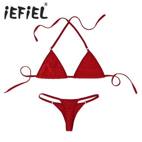 women lingerie set solid color halterneck mini micro bikini bra top with g string briefs
