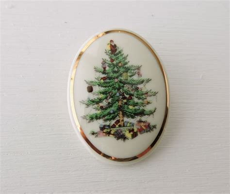 Spode Christmas Tree Brooch Oval Porcelain Christmas Tree Pin Spode