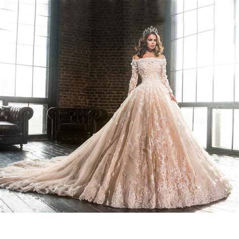 2017 Off The Shoulder Flower Lace Champagne Ball Gown Wedding Dresses
