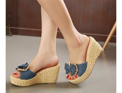 Vintage Cheap Woven Wedge Summer Sandals Cheap Cute Bowtie Platform