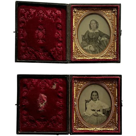19th Century Pair Victorian Mother And Daughter Cased Hand Tinted