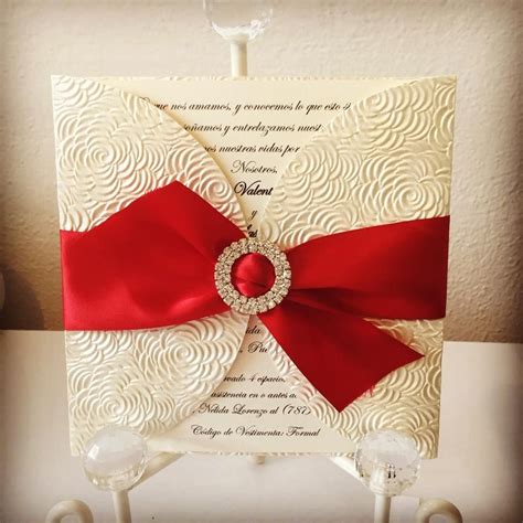 ivory red and gold wedding invitation rhinestone buckle and embossed