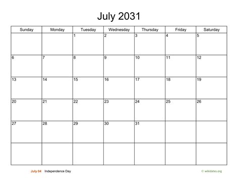 Basic Calendar For July 2031