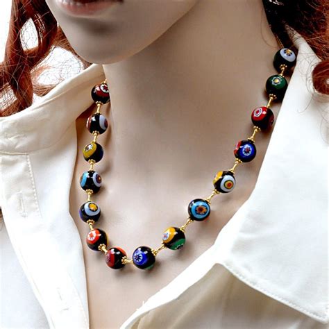 Gold Murrina Black Beads Millefiori Necklace In Real Murano Glass