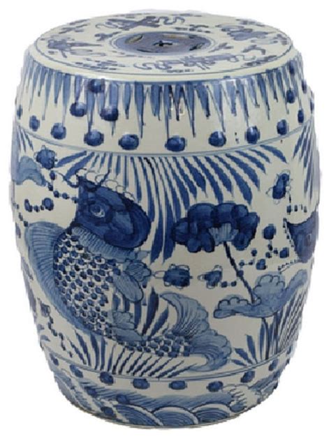Porcelain garden stool blue white floral asian chinese. Blue and White Porcelain Fish Motif Garden Stool 19 ...