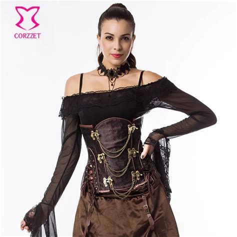 Brown Gothic Steampunk Clothing Women Plus Size Waist Trainer Corset Steel Boned Underbust