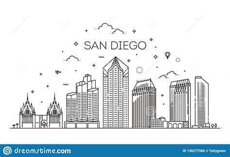 Linear San Diego City Skyline Vector Background Stock Vector