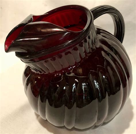 Antique Depression Glass Ruby Red Water Juice Pitcher With Ribbed Pattern And Ice Lip