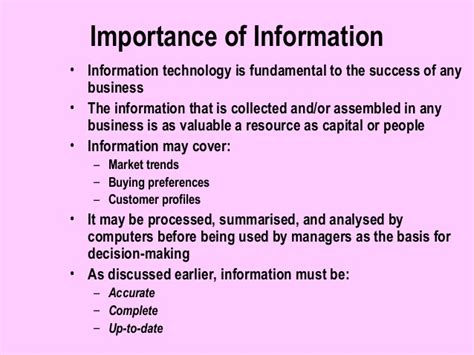 It explains the role of information, as an essential tool for managers in planning and decision making. Lesson 6 value & importance of information