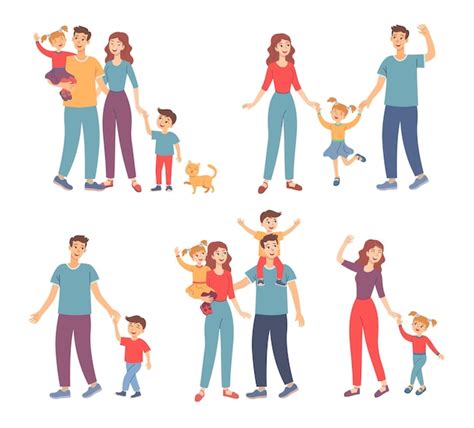glückliche familie die zusammen im freien spazieren geht illustrationen von eltern und kindern
