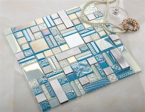 Water Blue Crystal Glass Mosaic Tile Silver304 Stainless Steel Metal Tile Wall Backsplashes Klgth10