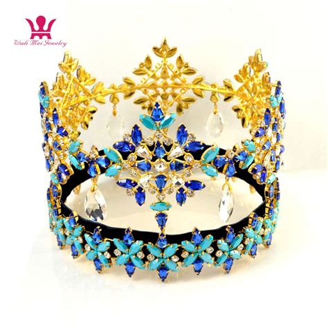 Miss World Pageant Crowns Global Full Round Dangle Pendant Crystal Austrian Rhinestone Blue