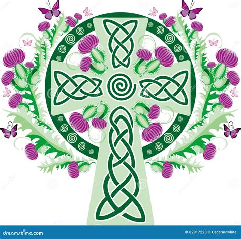 Celtic Cross With A Vignette Of A Thistle Flower Stock Vector