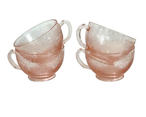 Hazel Atlas Florentine Pink Depression Glass Footed Cups Saucers Ca