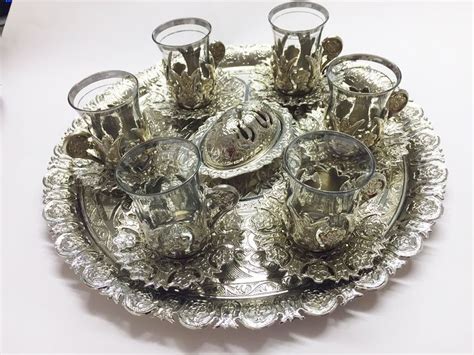 Ottoman Turkish Tea Glasses Gift Set With Holder Handles Saucers Glass