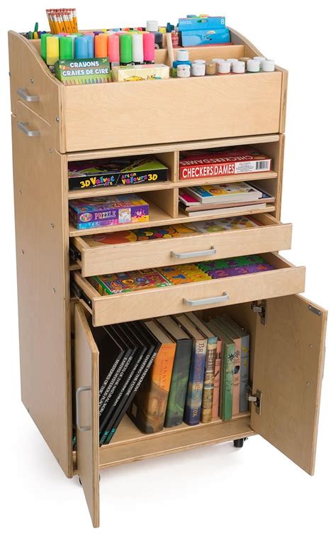 Guidecraft Art Activity Cart Rolling Wooden Storage Cabinet And Shelves