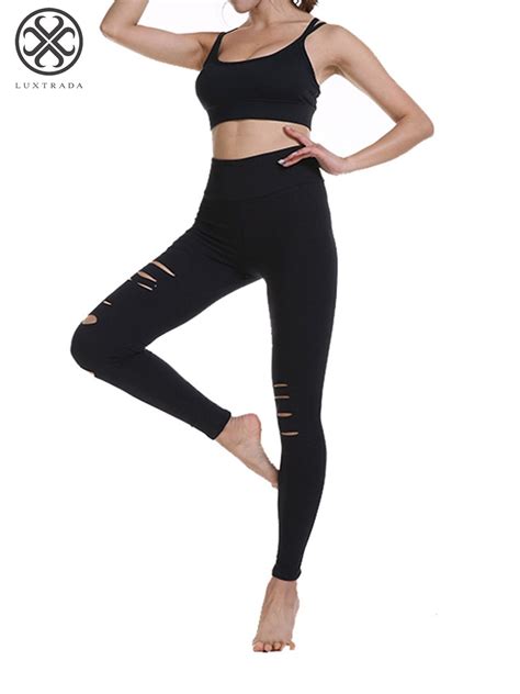Luxtrada Womens High Waist Yoga Pants Cutout Ripped Tummy Control Workout Running Yoga Skinny
