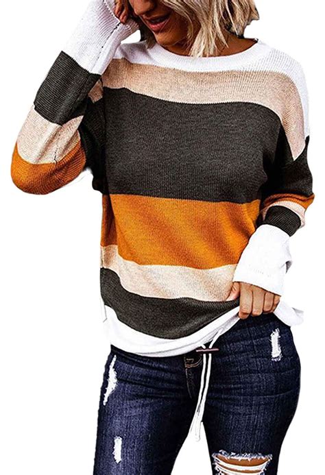 Buy Womens Striped Color Block Sweater Winter Fall Crewneck Long Sleeve