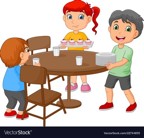 Cartoon Kids Setting The Dining Table By Placing G
