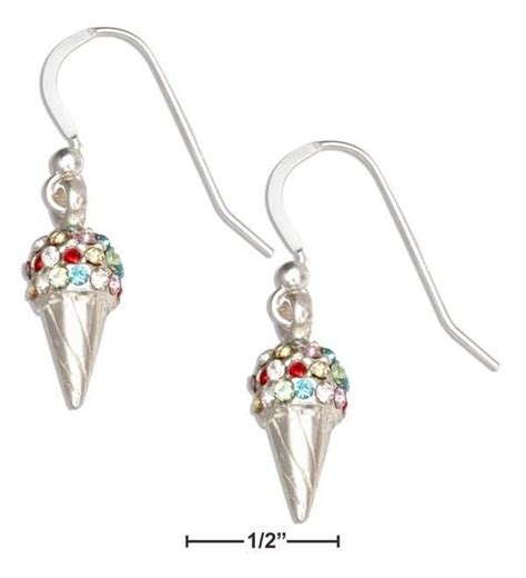 Sterling Silver Multi Colored Swarovski Crystals Ice Cream Cone Dangle Earrings Cream Earrings
