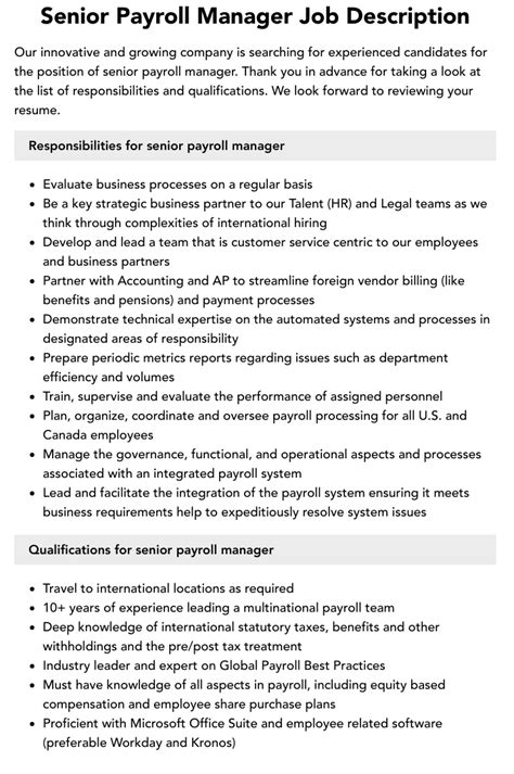 Senior Payroll Manager Job Description Velvet Jobs