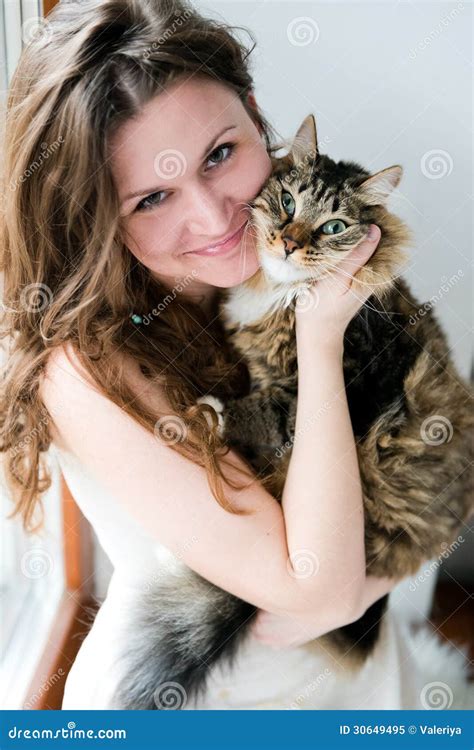 Brunette Girl And Her Cat Over Royalty Free Stock Photo Image