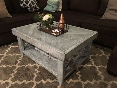 A gray finish graces the solid rubberwood dining group highlighting the veneer. Custom Rustic Farmhouse coffee table. Weathered Grey stain ...