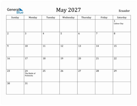 May 2027 Monthly Calendar With Ecuador Holidays
