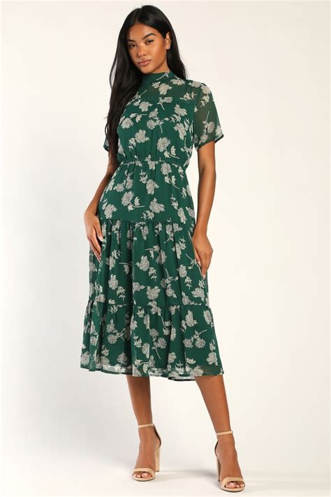 Dark Green Floral Print Dress Midi Dress Short Sleeve Dress Lulus