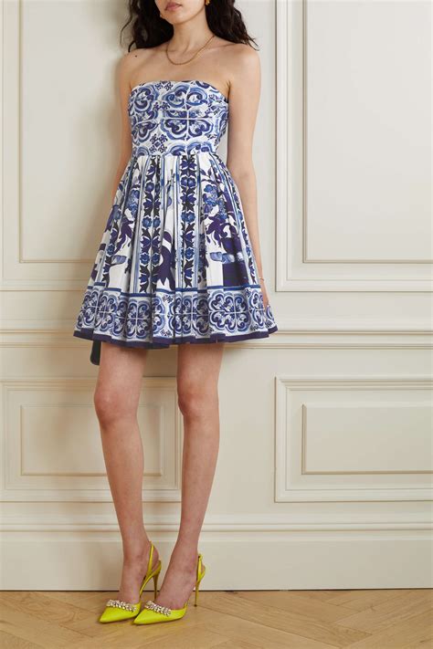 Dolce Gabbana Strapless Pleated Printed Cotton Poplin Mini Dress
