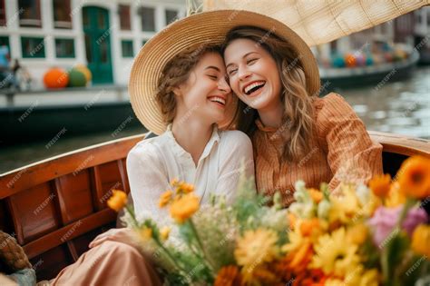 Premium Ai Image Happy Lesbian Couple In A Boat In Amsterdam With Rainbow Flag Patterns