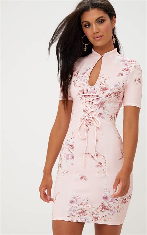 Pink Floral Lace Up Bodycon Dress Dresses Prettylittlething
