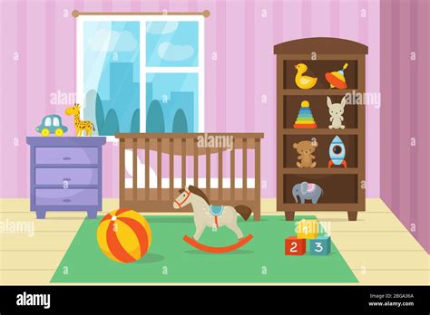 Cartoon Childrens Room Interior With Kid Toys Vector Illustration