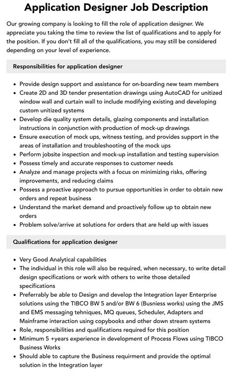 Application Designer Job Description Velvet Jobs