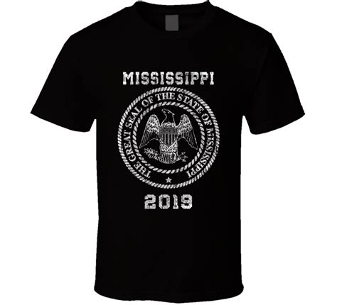 The eagle is proudly positioned in the center of the seal, with its wings spread wide and its head held high. State Seal 2019 Mississippi State Pride Vintage Look T Shirt